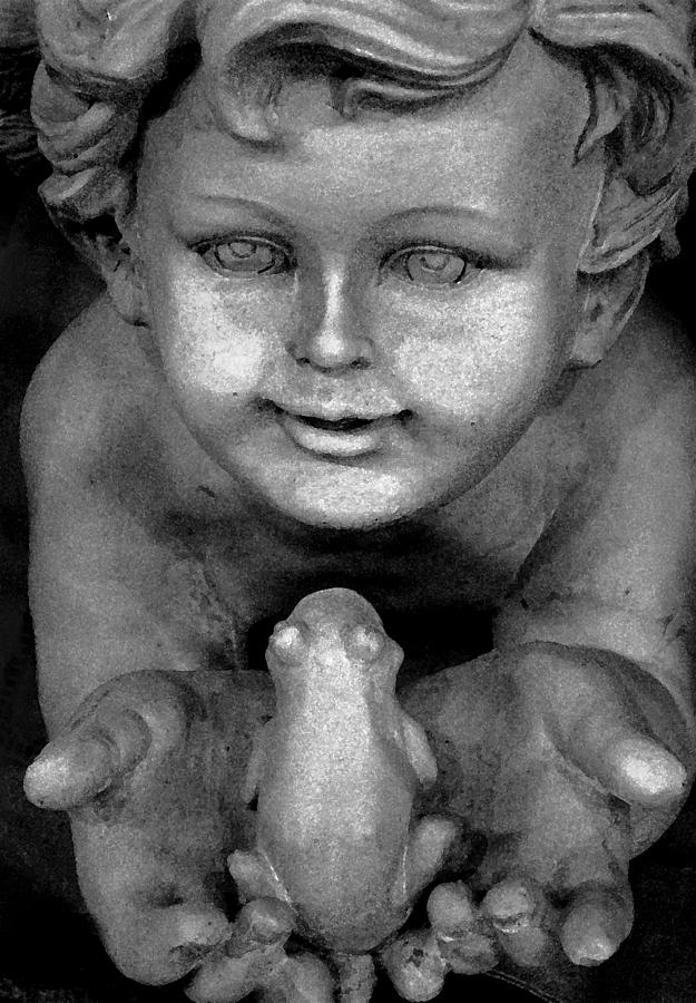 Cherub and frog Black and White Photograph by Carolyn Jacob