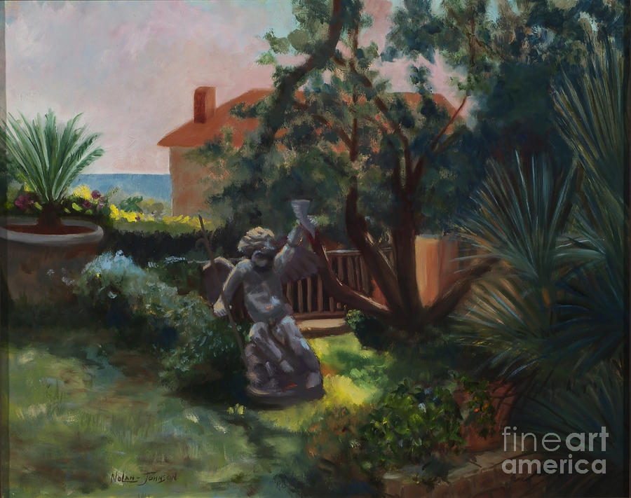 Cherub In France Garden by Marilyn Nolan - Johnson Painting by Marilyn Nolan-Johnson