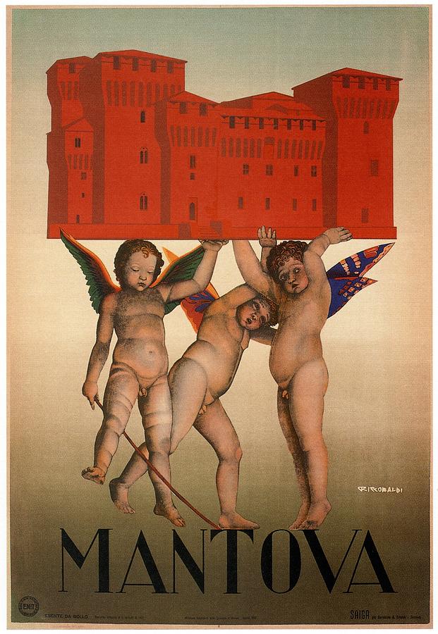 Cherubs Holding Up A Castle - Mantova, Lombardy - Italy - Vintage Poster Painting
