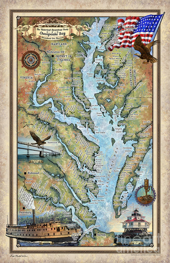 Chesapeake Bay, old maps, HandPainted Historic map, cartography gifts