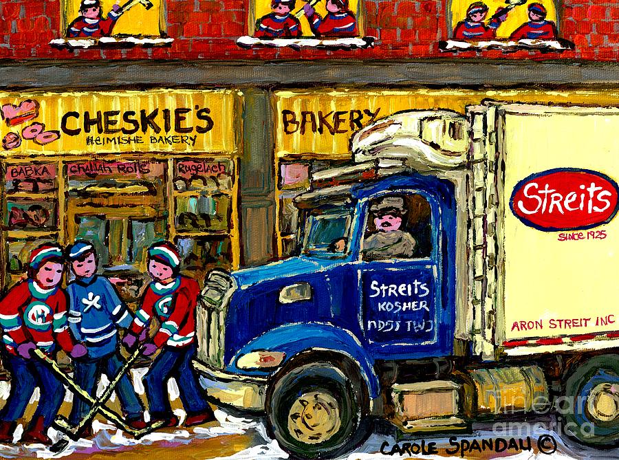 Cheskies Kosher Bakery On Bernard Hockey Game Near Streits Truck Montreal Winter Snow Scene   Painting by Carole Spandau