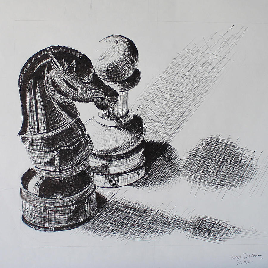 Chess Drawing - Knight and Pawn Chess Pieces  by Sonya Delaney