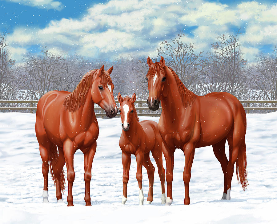 Chestnut Horses In Winter Pasture Painting by Crista Forest