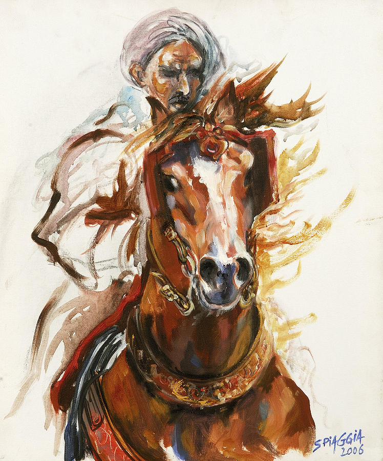Horse Painting - Cheval arabe monte en action by Josette SPIAGGIA