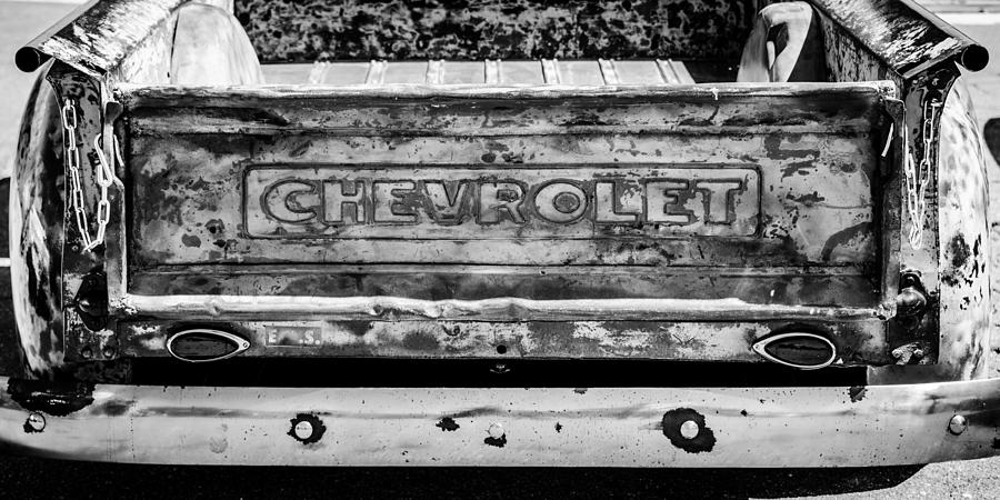 Transportation Photograph - Chevrolet Truck Tail Gate Emblem -0839bw by Jill Reger