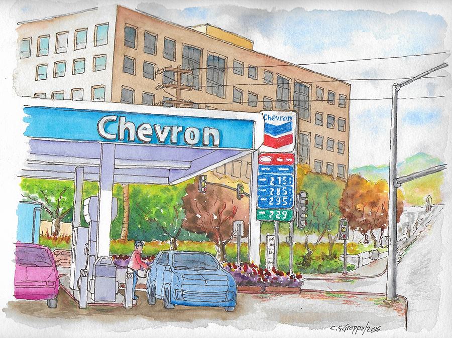Chevron Gasoline Station in Olive and Buena Vista, Burbank, California Painting by Carlos G Groppa