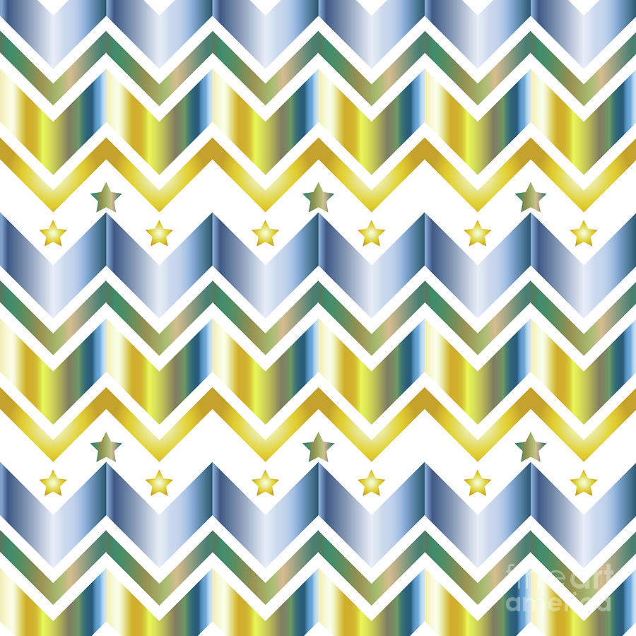 Chevron Metallic Gold Blue Green Gradation Stars Pattern Digital Art by Beverly Claire Kaiya