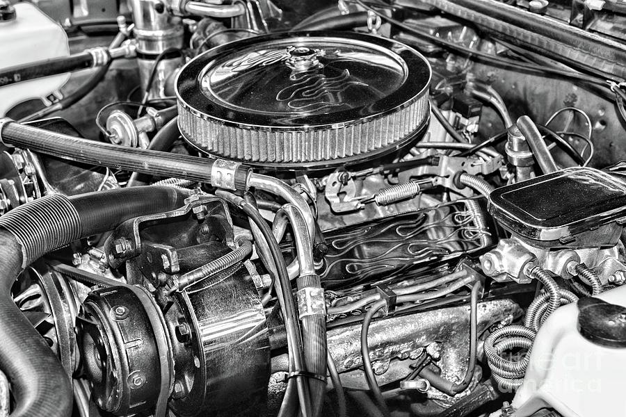 Chevy 305 CL Performance Engine in black and white Photograph by Paul Ward