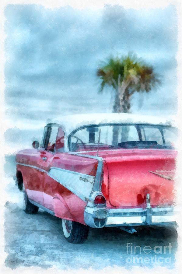 Chevy Belair at the Beach Watercolor Painting by Edward Fielding