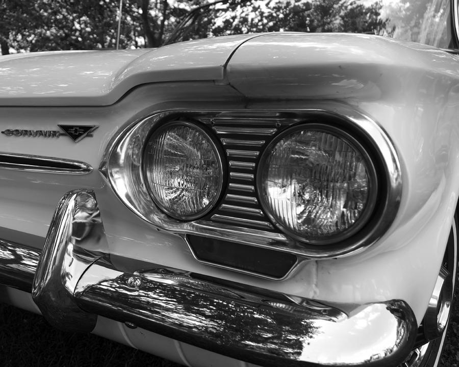 Chevy Corvair headights and bumper black and white Photograph by Toby McGuire