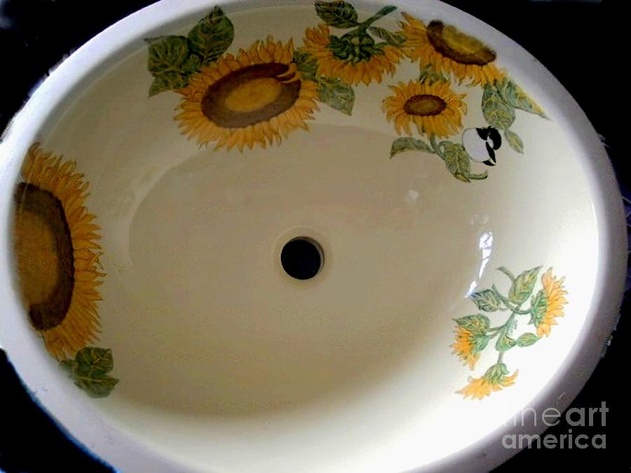 Chickadee Ceramic Art - Chicadees and Sunflowers by Sandra Maddox