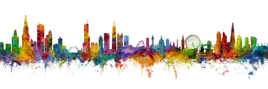 Chicago Digital Art - Chicago and London Skylines Mashup by Michael Tompsett