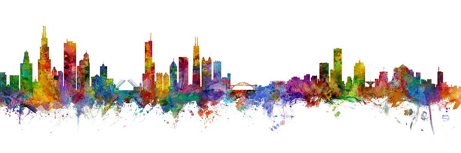 Chicago and Milwaukee Skyline Mashup Digital Art by Michael Tompsett