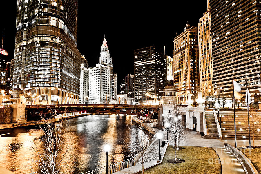 Chicago at Night at Wabash Avenue Bridge Photograph by Paul Velgos