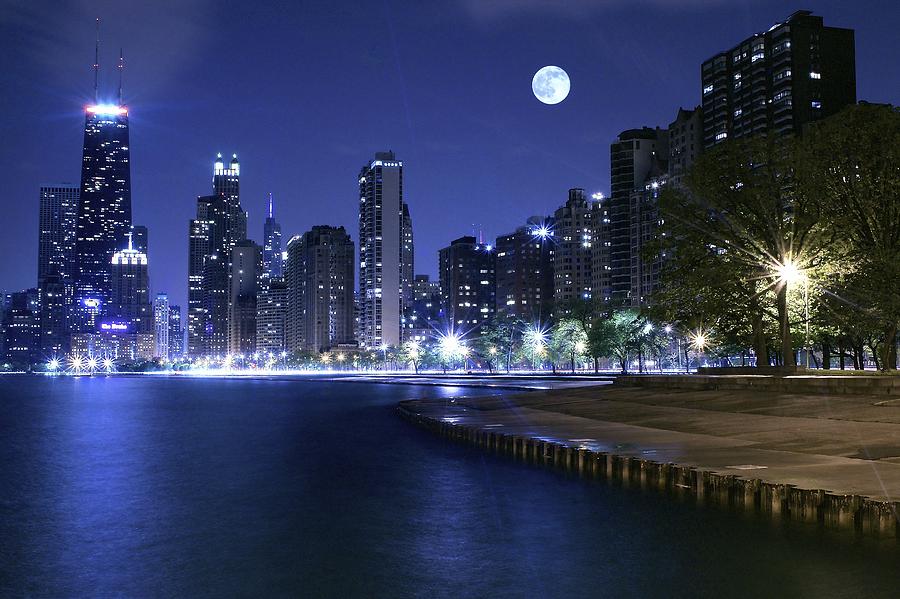 Chicago Photograph - Chicago Blue Moon by Frozen in Time Fine Art Photography
