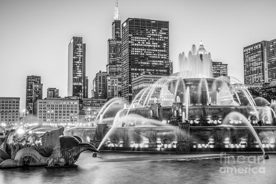 Chicago Buckingham Fountain Black and White Photo Photograph by Paul Velgos