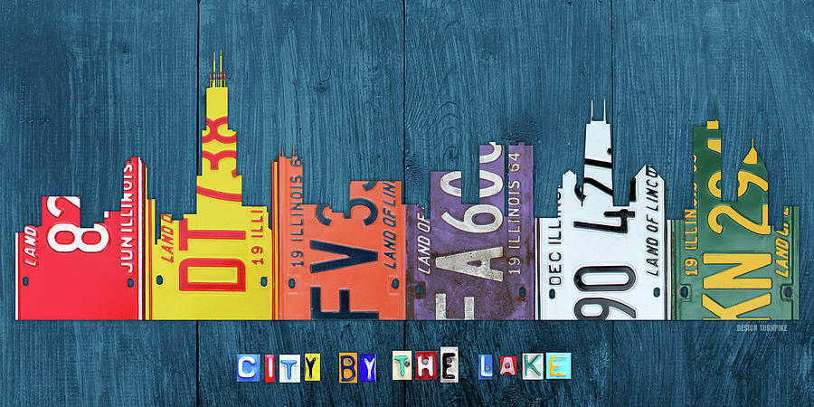 Chicago Mixed Media - Chicago City by the Lake Recycled Vintage Skyline License Plate Art by Design Turnpike