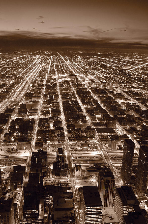 Chicago Photograph - Chicago City Lights West B W by Steve Gadomski