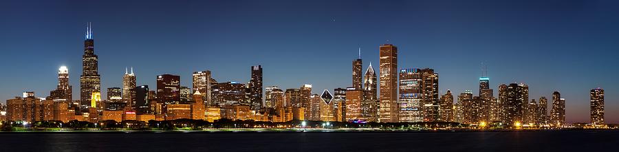 Architecture Photograph - Chicago Downtown Skyline at Night by Semmick Photo
