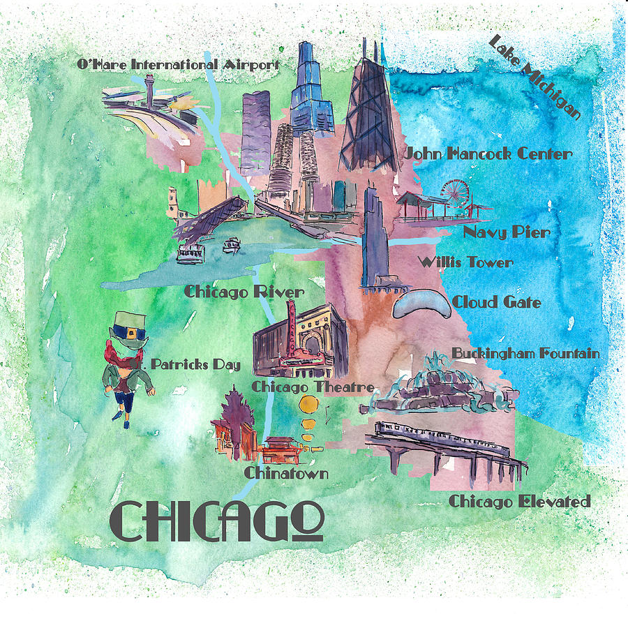 Chicago Favorite Map with touristic Top Ten Highlights in Colorful ...