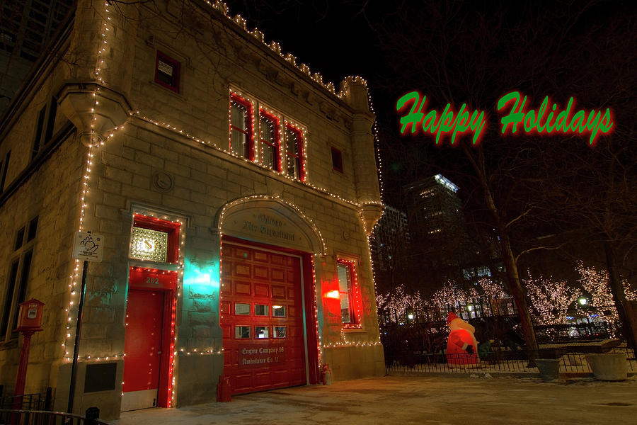 Chicago Firehouse with xmas lights xmas card Photograph by Sven Brogren