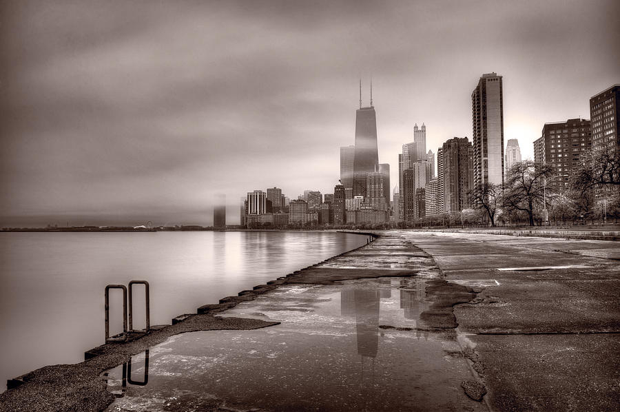 Chicago Photograph - Chicago Foggy Lakefront BW by Steve Gadomski