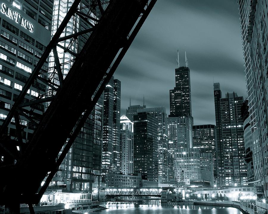 Chicago Grayscale Night Photograph by Frozen in Time Fine Art Photography
