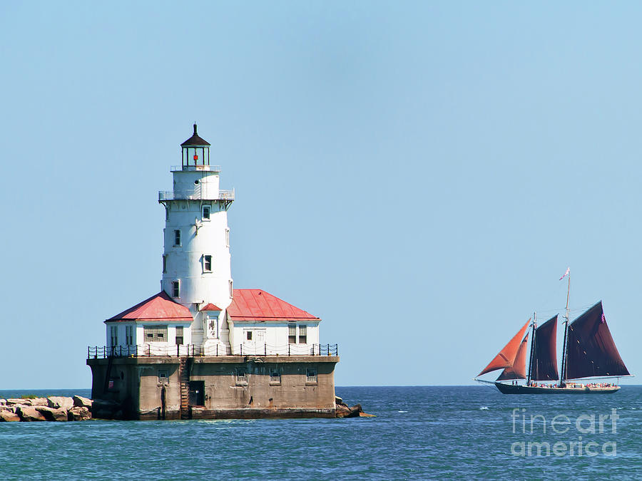 Chicago Harbor Lighthouse and a Tall Ship Photograph by David Levin