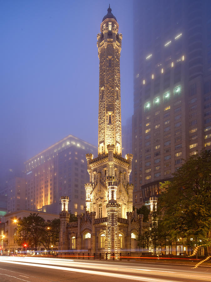 Chicago Photograph - Chicago Historic Water Tower On Michigan Avenue Foggy Twilight - Chicago Illinois by Silvio Ligutti