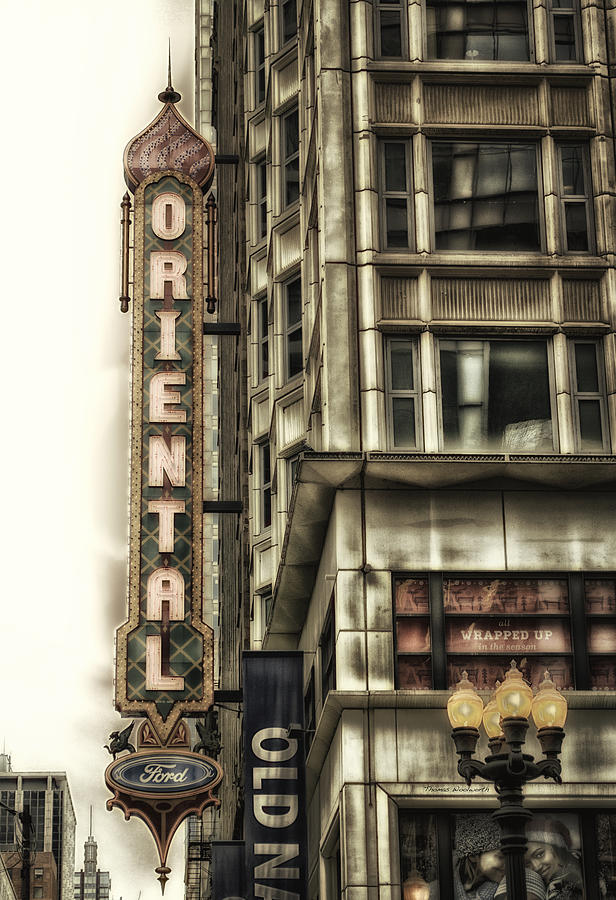 Chicago In November Oriental Theater Signage Vertical Photograph by Thomas Woolworth