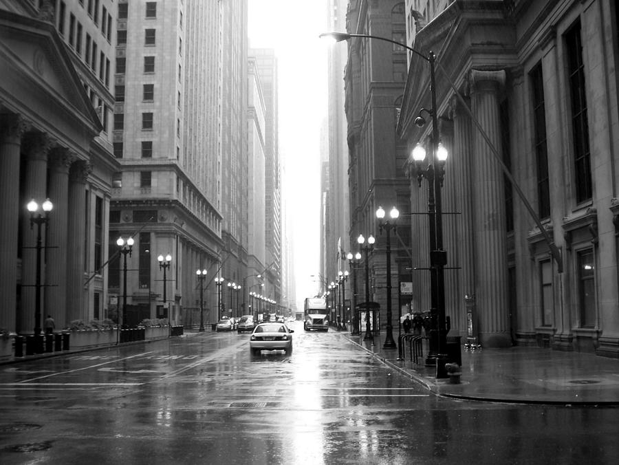 Chicago in the rain b-w Photograph by Anita Burgermeister