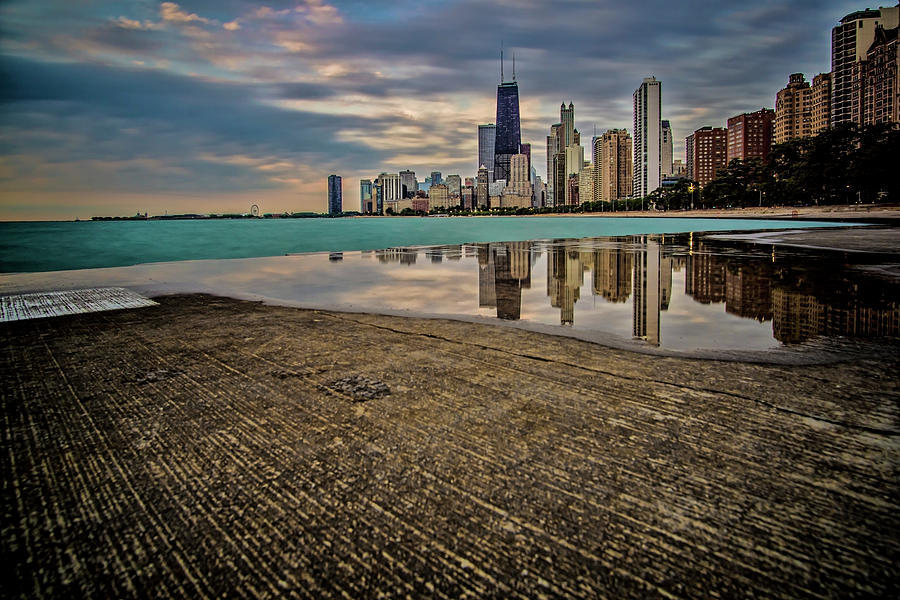 Chicago Lakefront scene with watery reflection Photograph by Sven Brogren