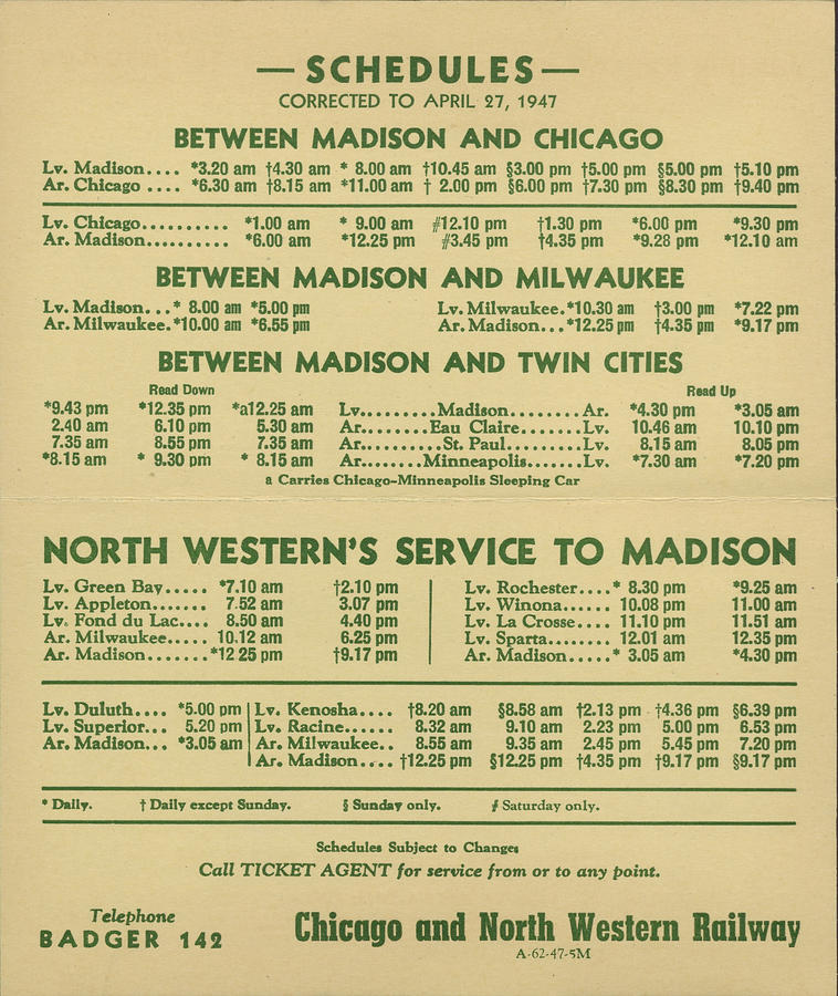 Chicago - Madison Line Schedule  Photograph by Chicago and North Western Historical Society