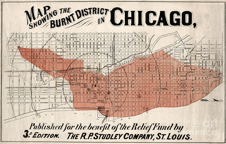 Chicago Drawing - Chicago Map from 1871 after fire Restored by Vintage Treasure