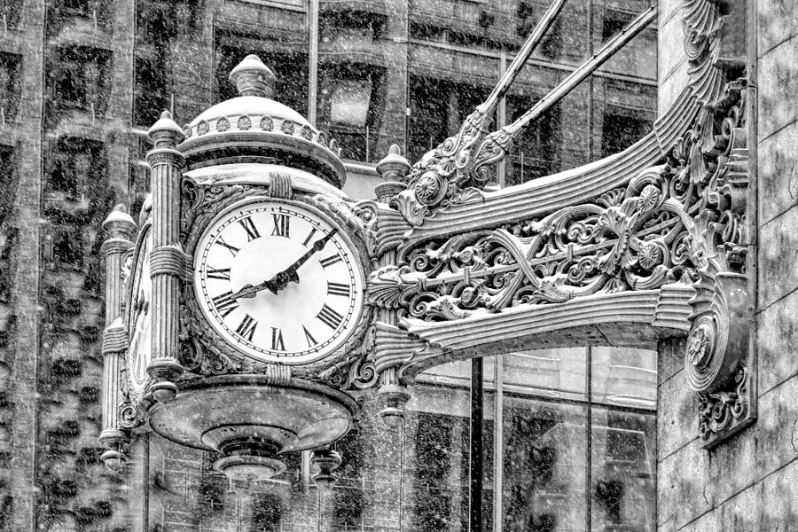 Chicago Photograph - Chicago Marshall Field State Street Clock Black and White by Christopher Arndt