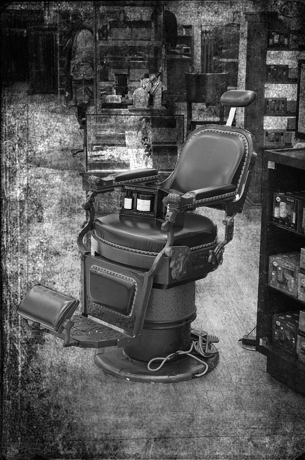 Chicago Photograph - Chicago Marshall Fields Antique Barber Chair BW 01 Vertical by Thomas Woolworth