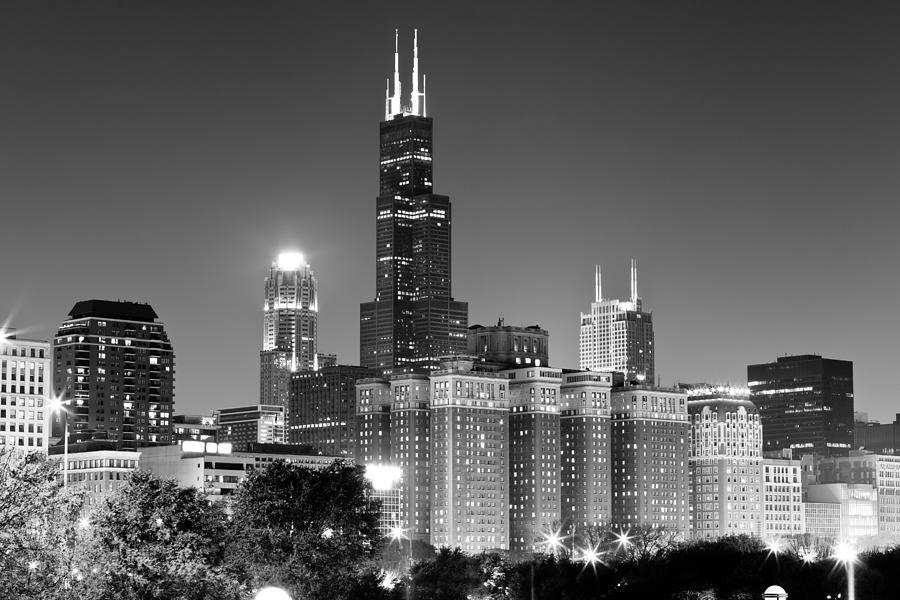 Chicago Night Skyline in Black and White Photograph by Paul Velgos