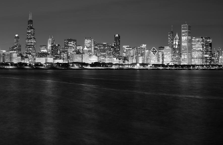 Chicago Photograph - Chicago Night Skyline in Black and White by Twenty Two North Photography
