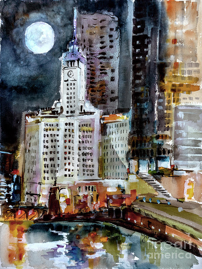 Chicago Night Wrigley Building Art Painting by Ginette Callaway