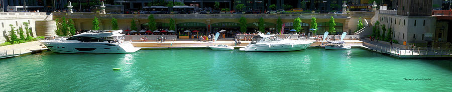 Boat Photograph - Chicago Parked On The River Walk Panorama 01 by Thomas Woolworth
