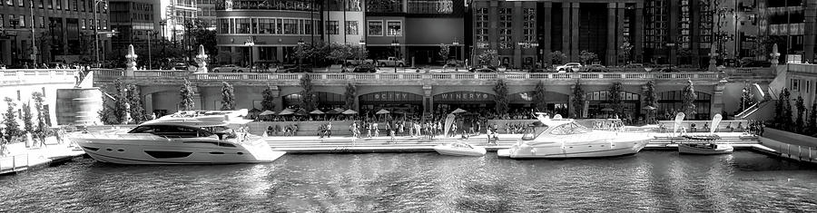 Boat Photograph - Chicago Parked On The River Walk Panorama 02 BW by Thomas Woolworth