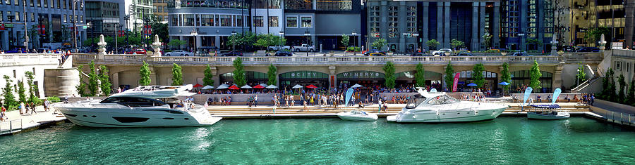 Boat Photograph - Chicago Parked On The River Walk Panorama 02 by Thomas Woolworth