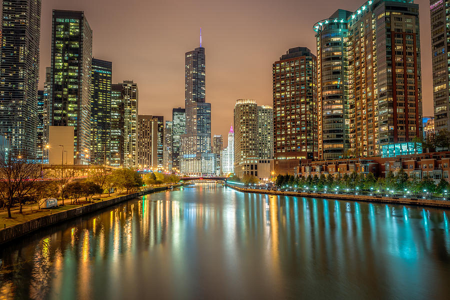 Chicago River at Night Photograph by James Udall