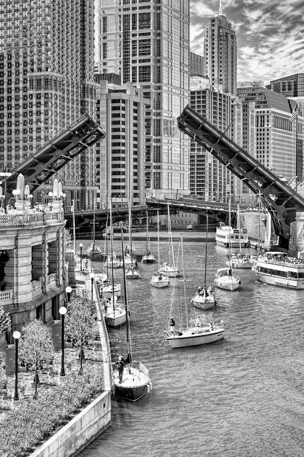 Chicago River Boat Migration in Black and White Photograph by Christopher Arndt