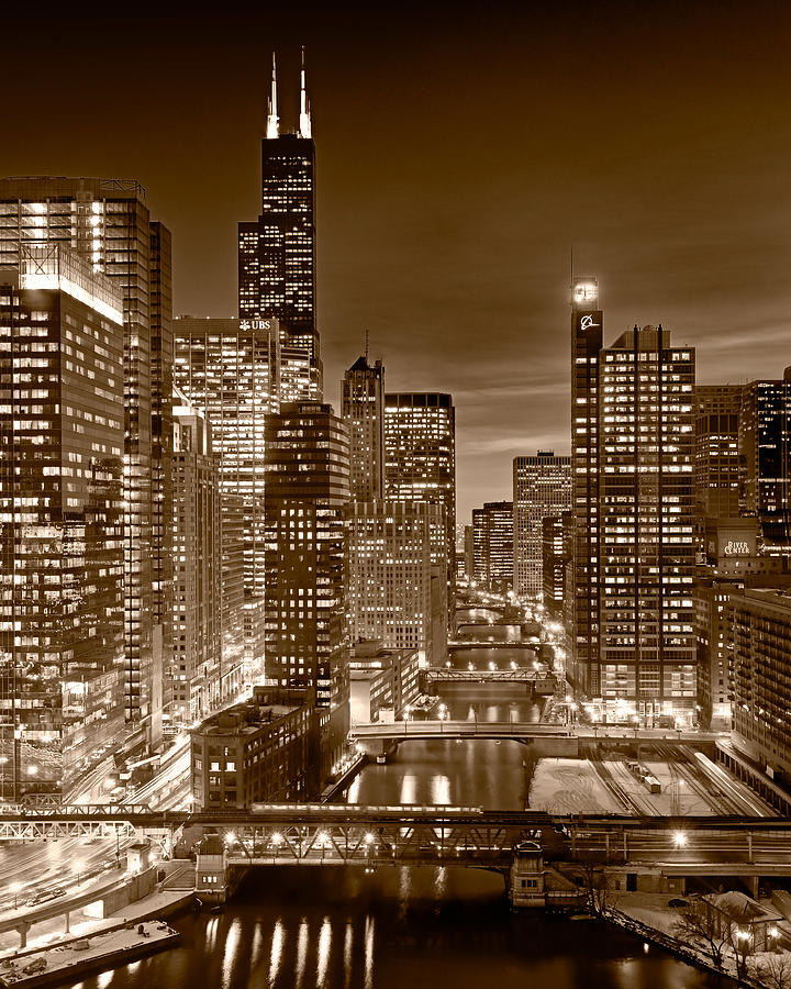 Chicago Photograph - Chicago River City View B And W 16x20 by Steve Gadomski