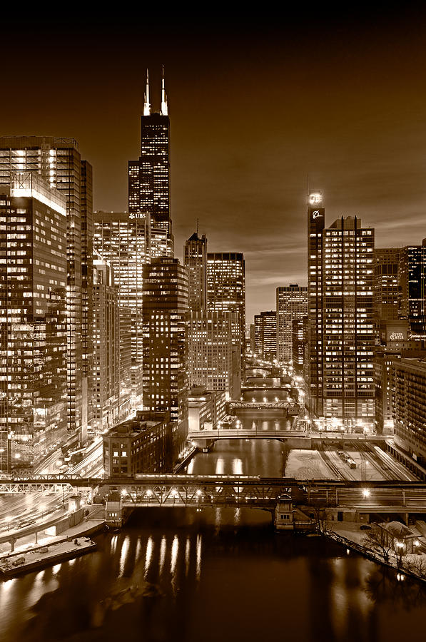Chicago River City View B And W Photograph