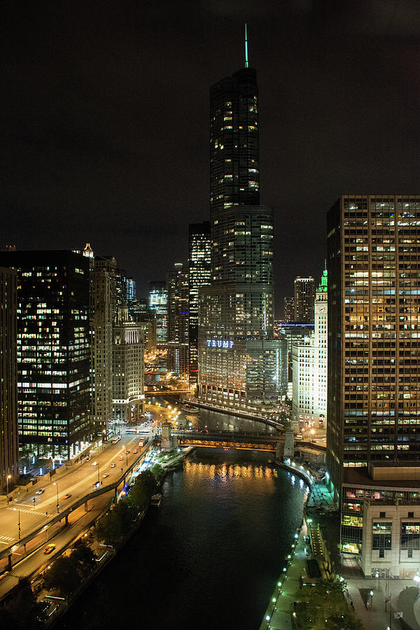 Chicago River Skyline at Night Photograph by John Black