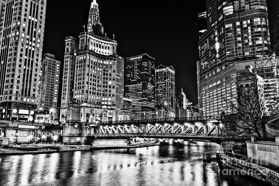 Chicago River Skyline at Night Picture Photograph by Paul Velgos
