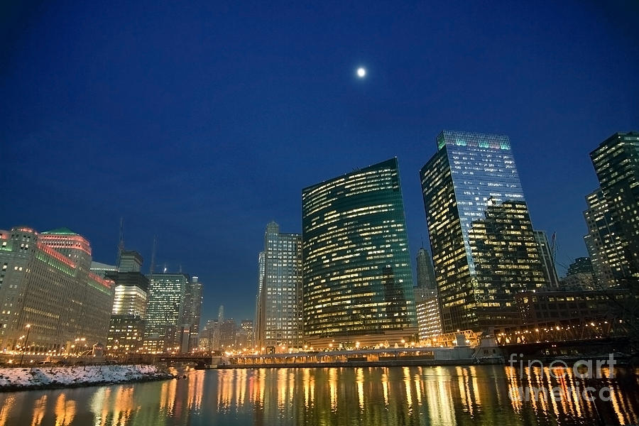 Chicago River with Skyline and Moon Photograph by Sven Brogren