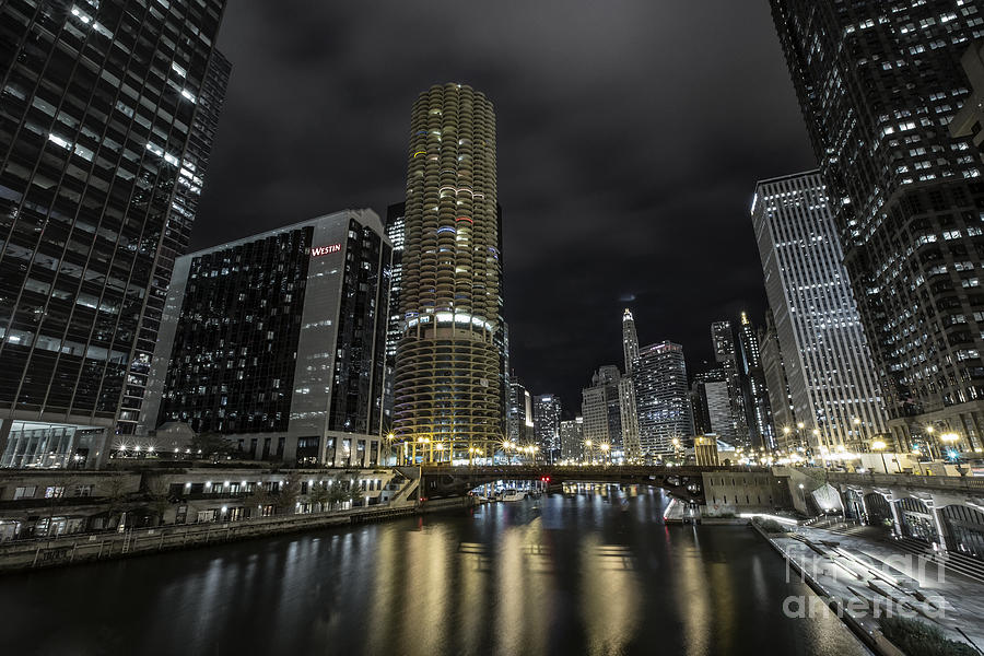 Chicago Riverfront Skyline at Night Photograph by Keith Kapple